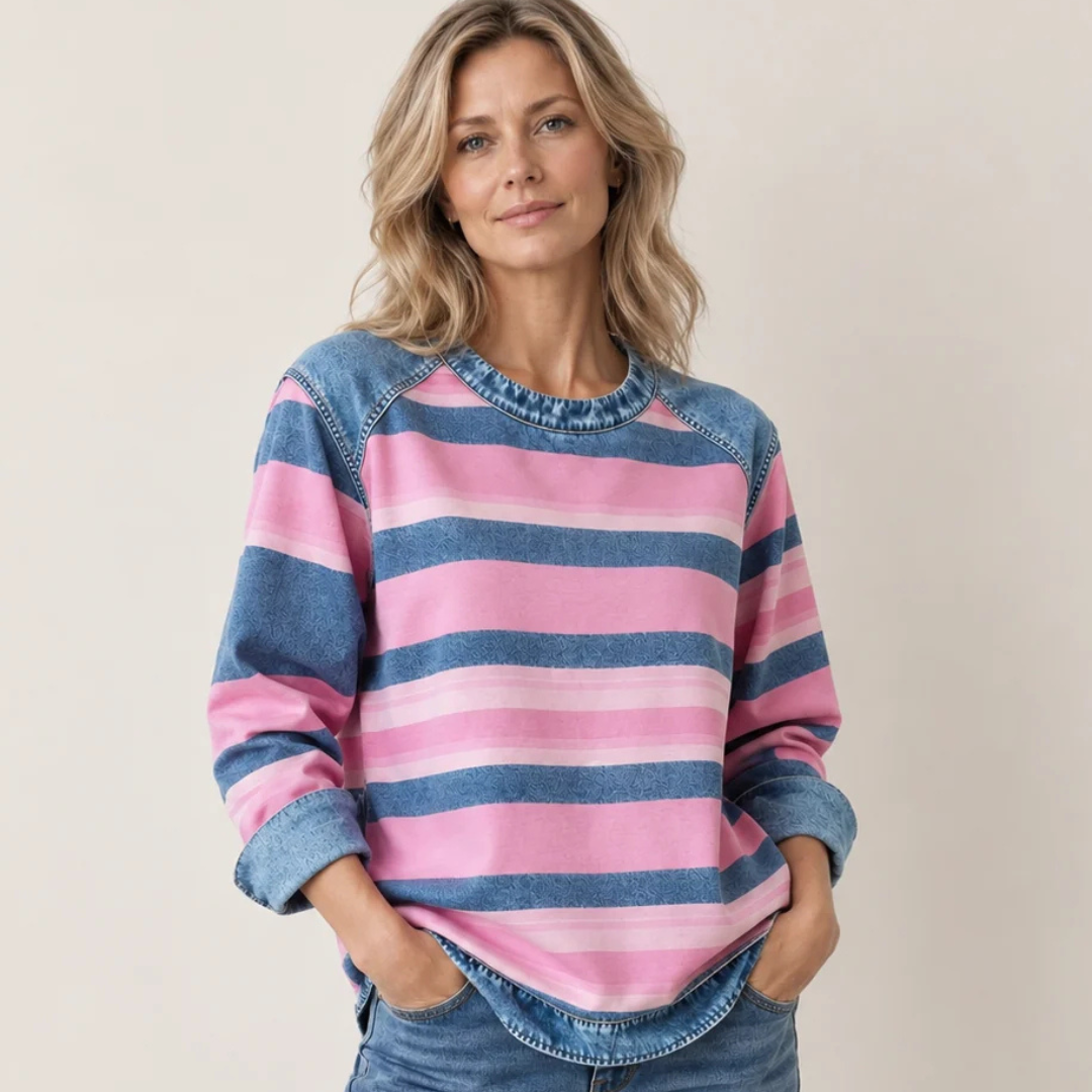 Women's Long-Sleeve Blouse, Raglan Round Neck with Contrast Trim on Shoulders and Hem, Relaxed Fit