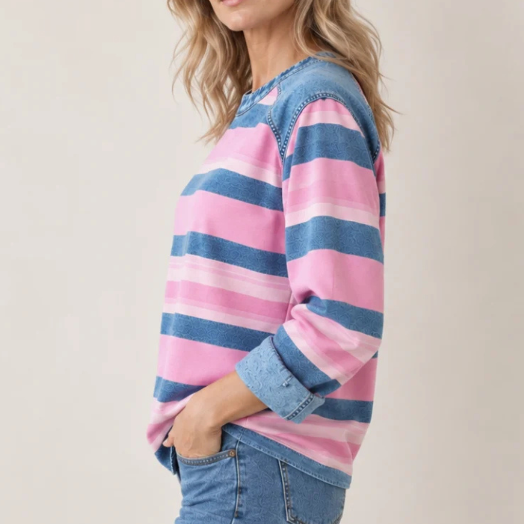 Women's Long-Sleeve Blouse, Raglan Round Neck with Contrast Trim on Shoulders and Hem, Relaxed Fit