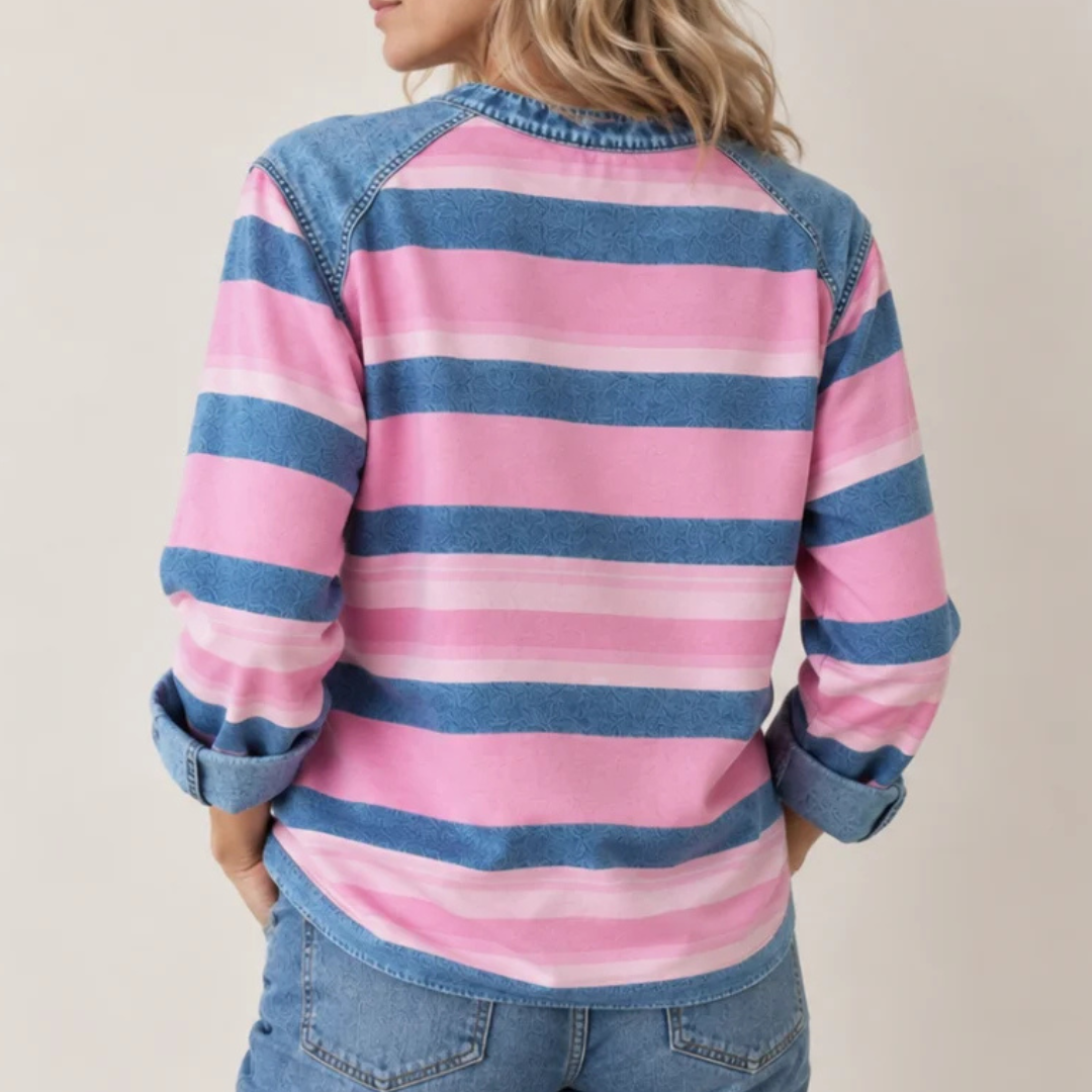 Women's Long-Sleeve Blouse, Raglan Round Neck with Contrast Trim on Shoulders and Hem, Relaxed Fit