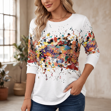 Women's Long-Sleeve Blouse - Round Neck, Abstract Paint-Splatter Print, Relaxed Fit
