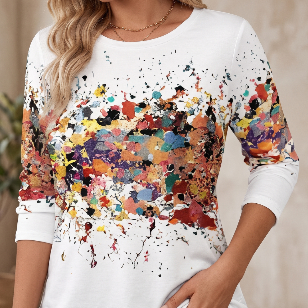 Women's Long-Sleeve Blouse - Round Neck, Abstract Paint-Splatter Print, Relaxed Fit