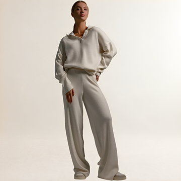 Women's Loungewear Set - Polo-Collar Pullover & Wide-Leg Pants, Oversized Top, Elastic Waist