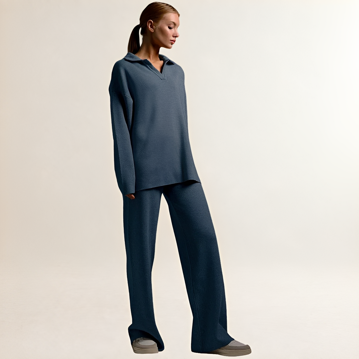 Women's Loungewear Set - Polo-Collar Pullover & Wide-Leg Pants, Oversized Top, Elastic Waist