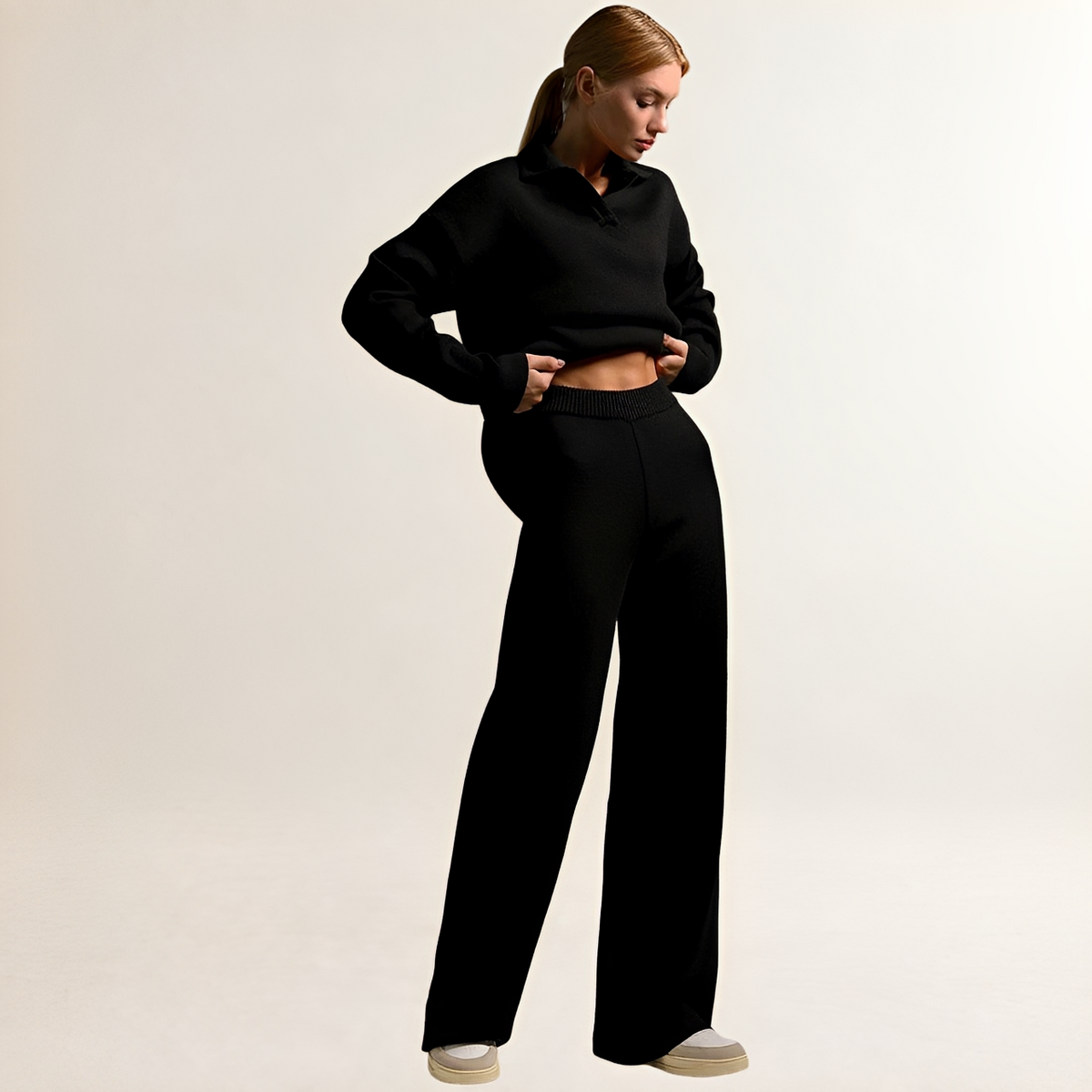Women's Loungewear Set - Polo-Collar Pullover & Wide-Leg Pants, Oversized Top, Elastic Waist