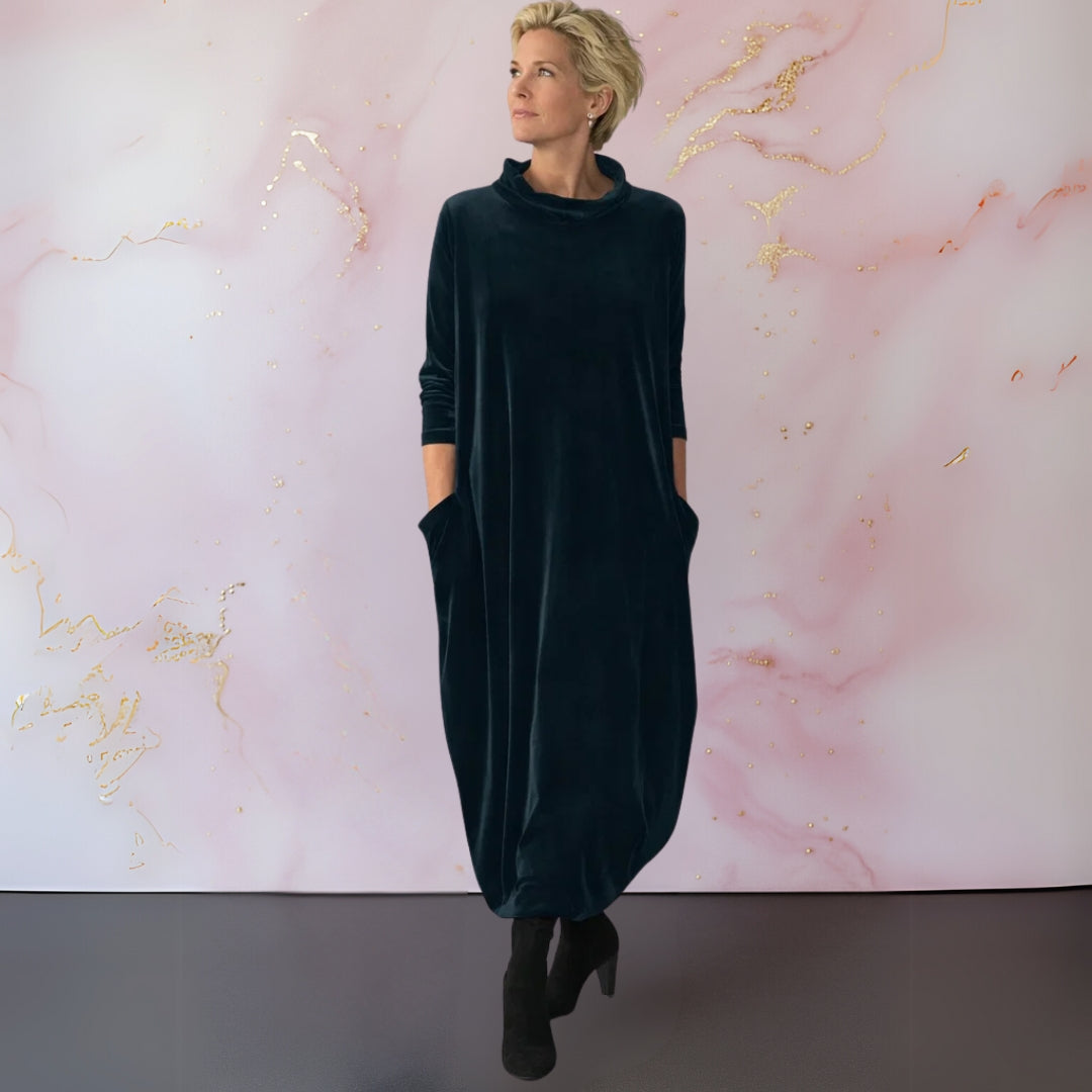 Women's Maxi Dress, Mock-Neck Long-Sleeve with Side Pockets, Loose Draped Tulip Hem