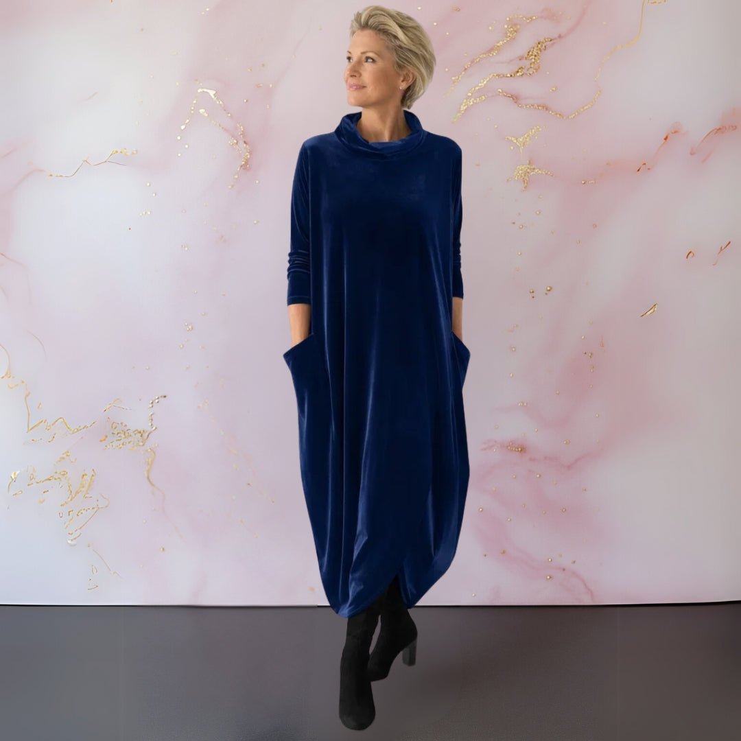 Women's Maxi Dress, Mock-Neck Long-Sleeve with Side Pockets, Loose Draped Tulip Hem
