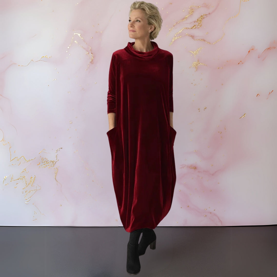 Women's Maxi Dress, Mock-Neck Long-Sleeve with Side Pockets, Loose Draped Tulip Hem