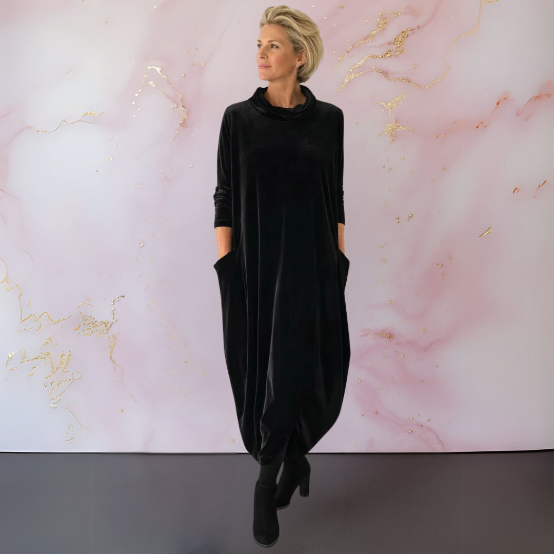Women's Maxi Dress, Mock-Neck Long-Sleeve with Side Pockets, Loose Draped Tulip Hem