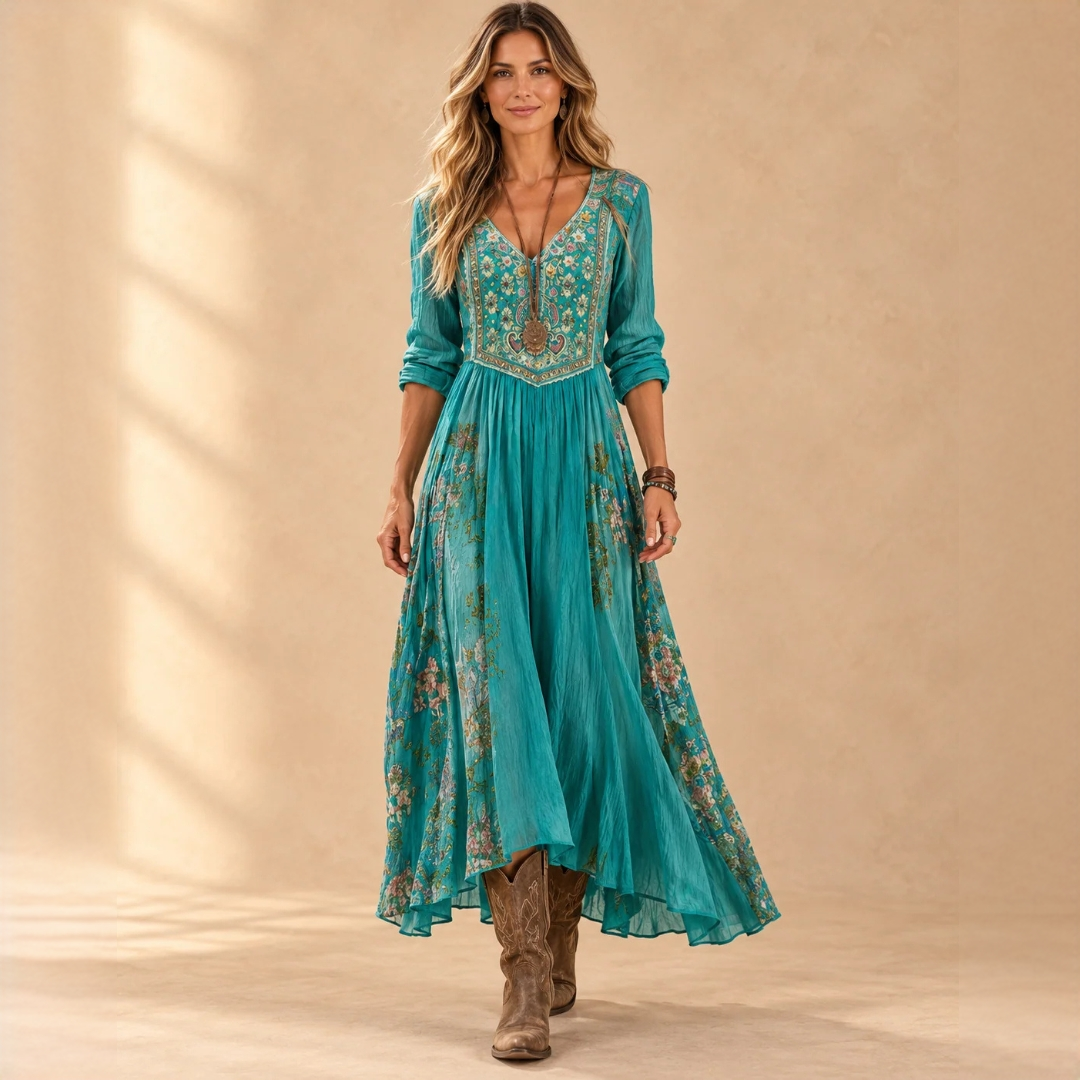Women's Midi Dress V-neck Long Sleeve Boho Floral Patchwork Print Relaxed Fit