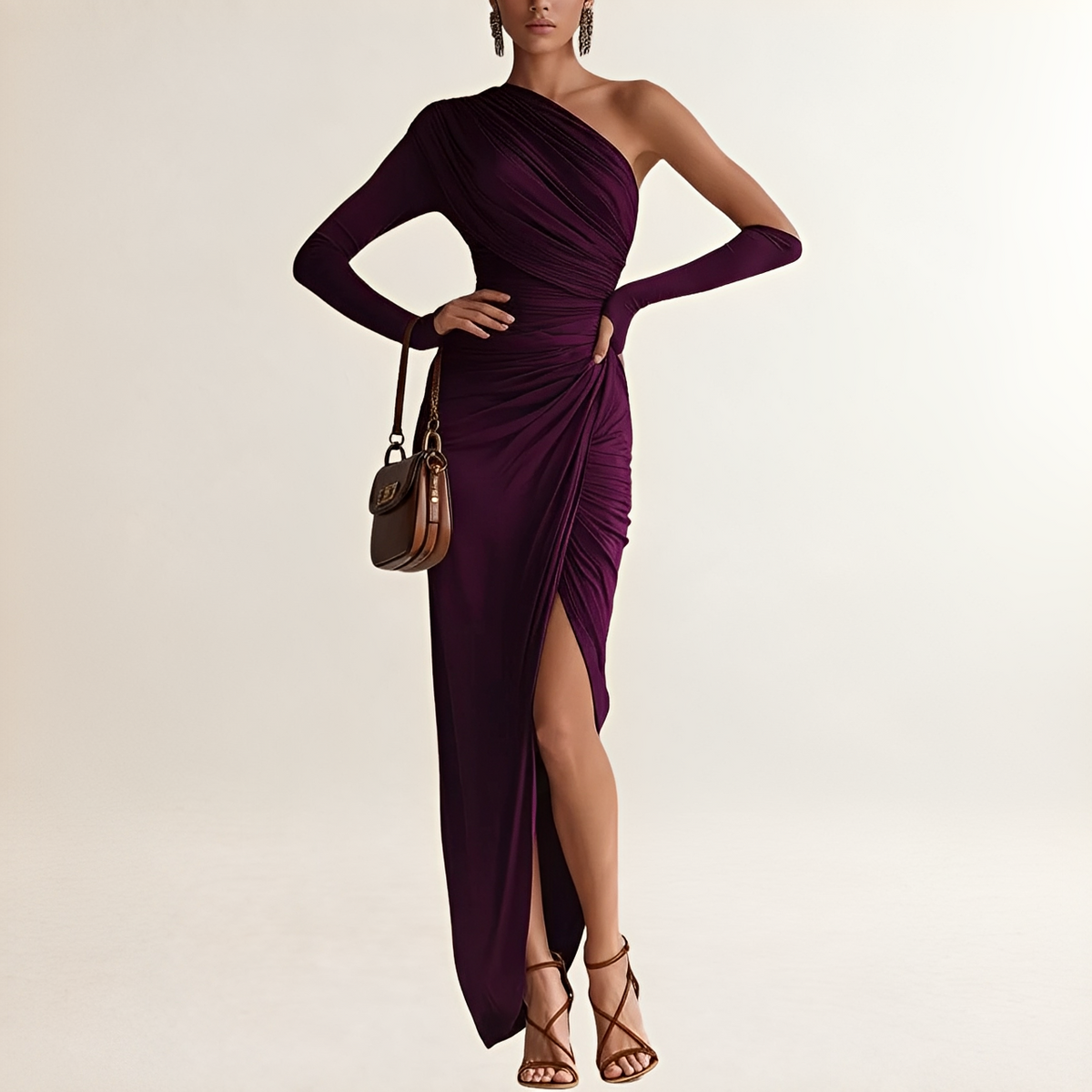 Women's One-Shoulder Maxi Dress with Long Sleeve, Draped Ruched Waist and Side Slit