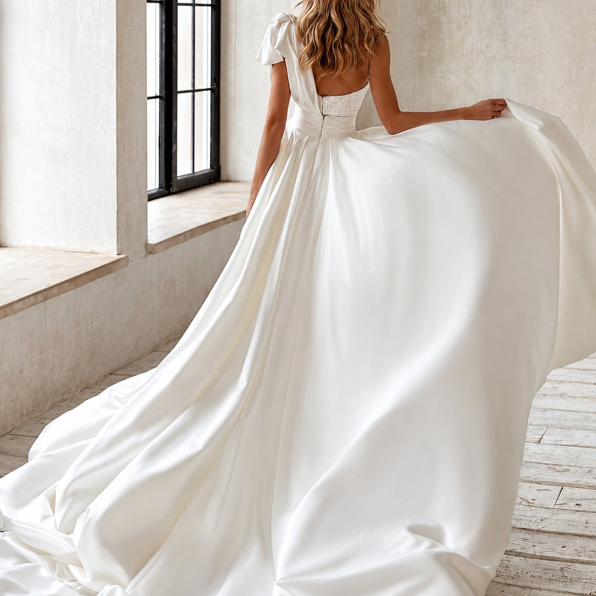 Women's one-shoulder romper with bow shoulder tie, ruched waist and attached overskirt train