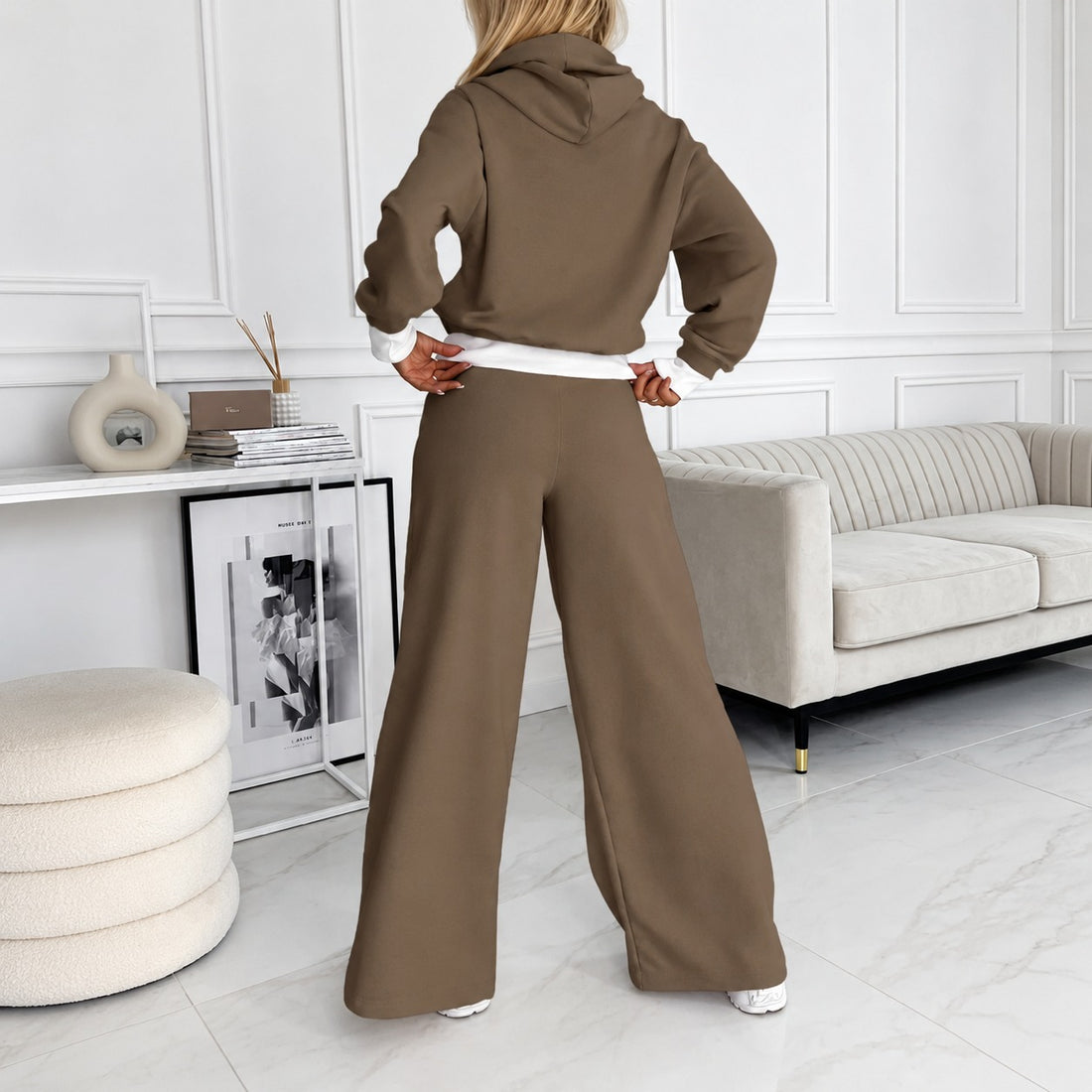Women's Outfit Set - Hooded Sweatshirt and Wide-Leg Pants, Relaxed Fit