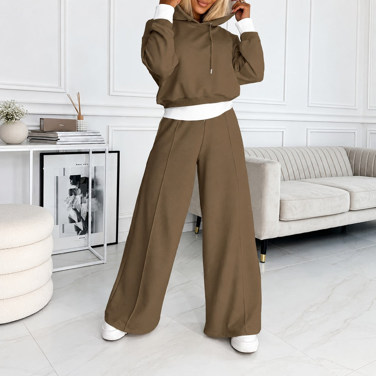 Women's Outfit Set - Hooded Sweatshirt and Wide-Leg Pants, Relaxed Fit