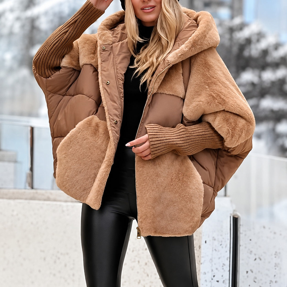 Women's Padded Coat - Hooded, Zip Closure, Oversized Fit, Short Length