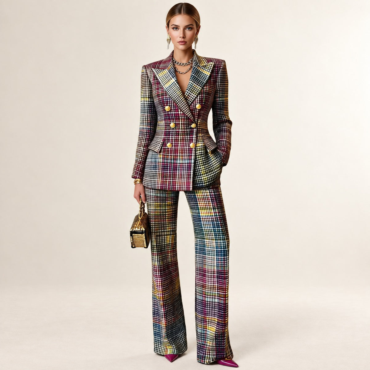Women's Plaid Double-Breasted Suit with Tailored Blazer and Wide-Leg Trousers