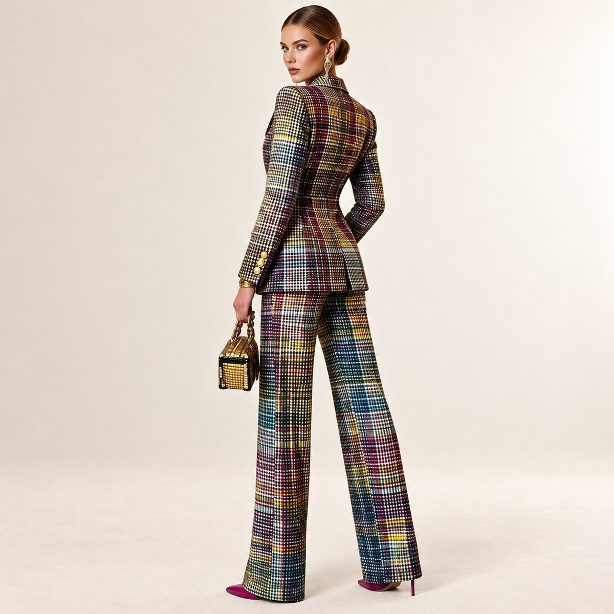 Women's Plaid Double-Breasted Suit with Tailored Blazer and Wide-Leg Trousers