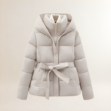 Women's Puffer Jacket with Hood and Belt - Quilted Design, Comfortable Fit