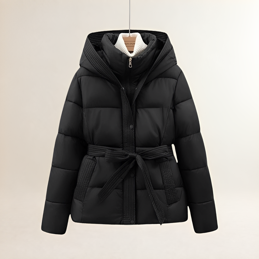 Women's Puffer Jacket with Hood and Belt - Quilted Design, Comfortable Fit