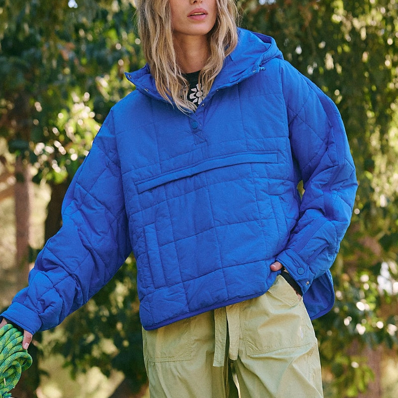 Women's Pullover Puffer Jacket Hooded Button-Up Lightweight Quilted Design