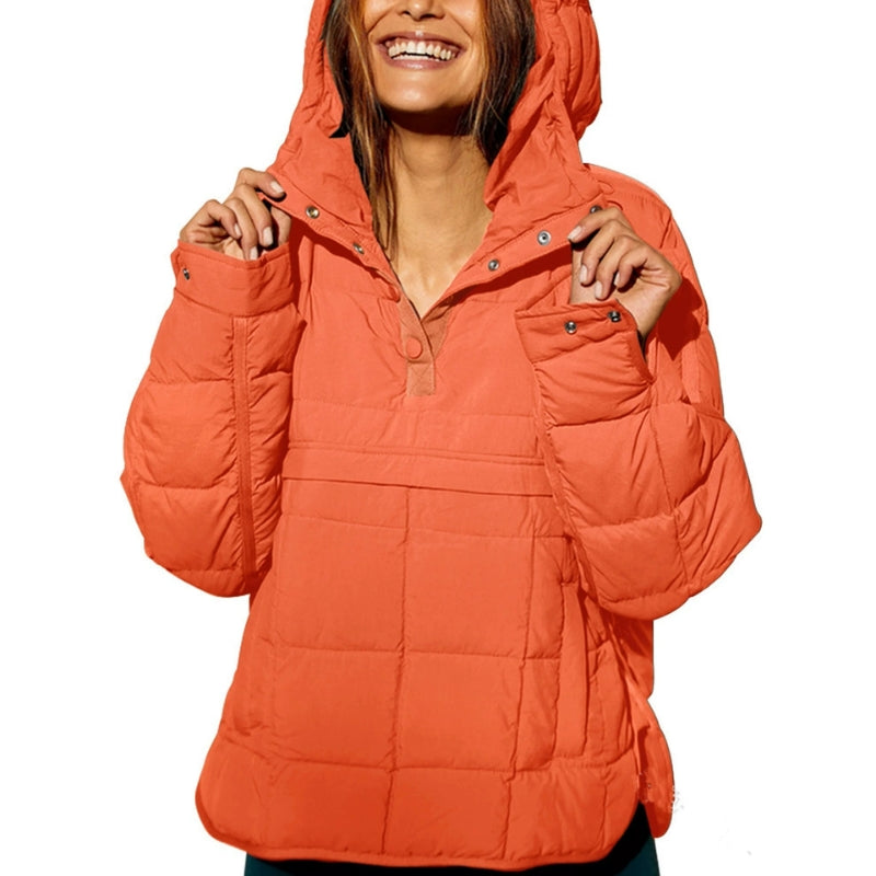 Women's Pullover Puffer Jacket Hooded Button-Up Lightweight Quilted Design