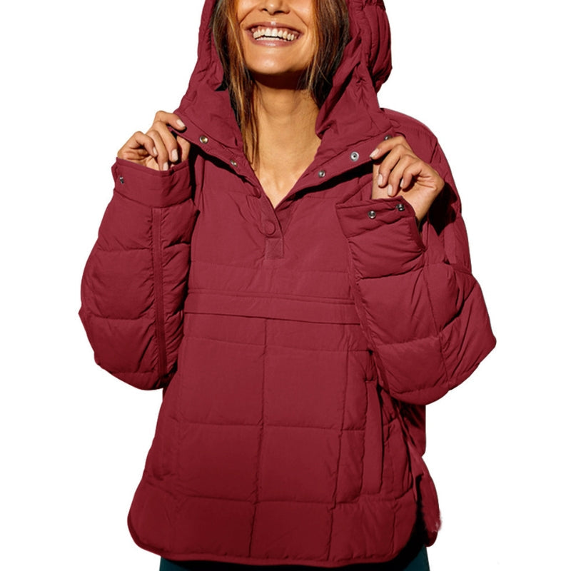 Women's Pullover Puffer Jacket Hooded Button-Up Lightweight Quilted Design