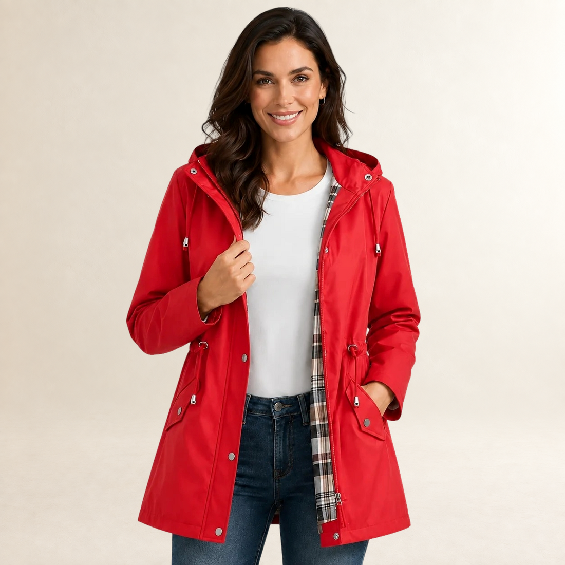 Women's Rain Jacket Hooded Lightweight with Check Lining - Relaxed Fit