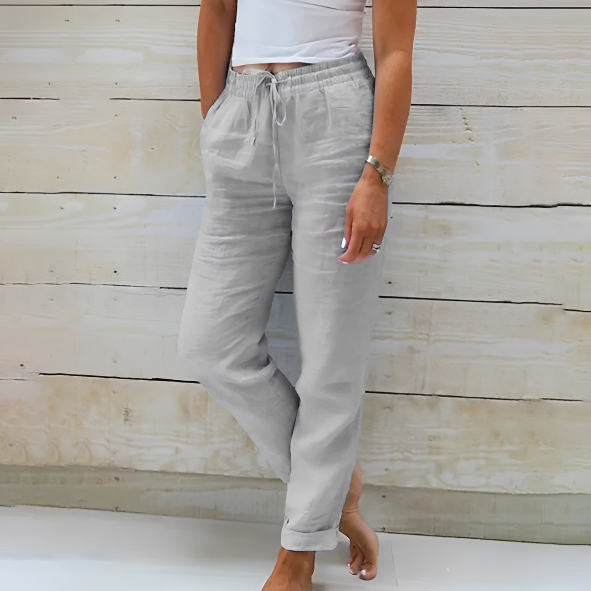 Women's Relaxed Straight-Leg Pants with Elastic Drawstring Waist and Side Pockets, Ankle-Length