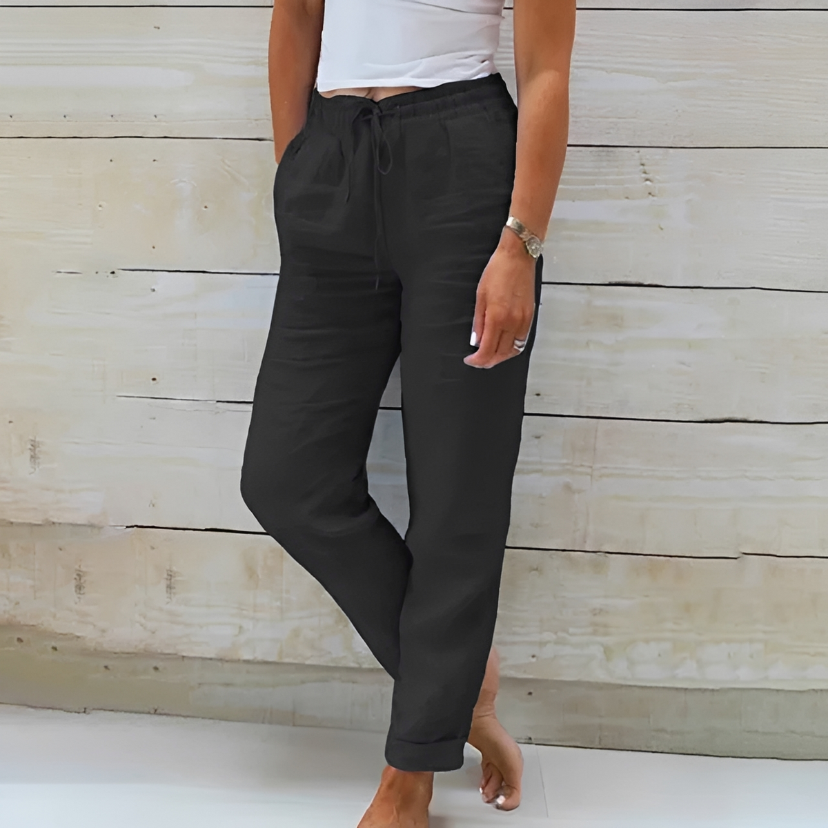 Women's Relaxed Straight-Leg Pants with Elastic Drawstring Waist and Side Pockets, Ankle-Length