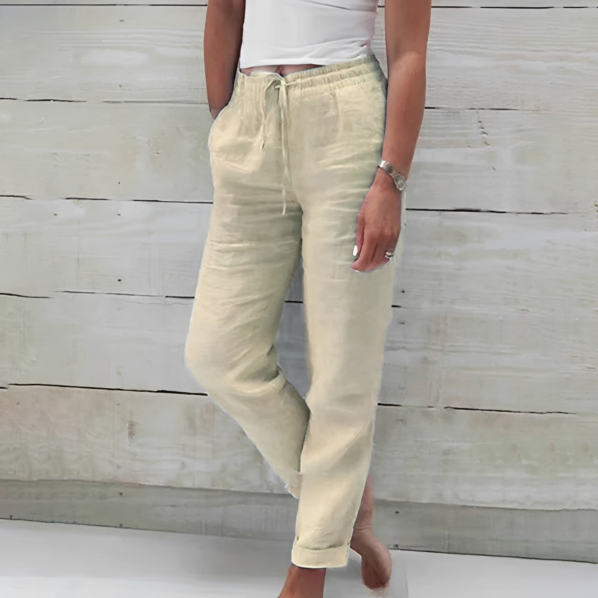 Women's Relaxed Straight-Leg Pants with Elastic Drawstring Waist and Side Pockets, Ankle-Length
