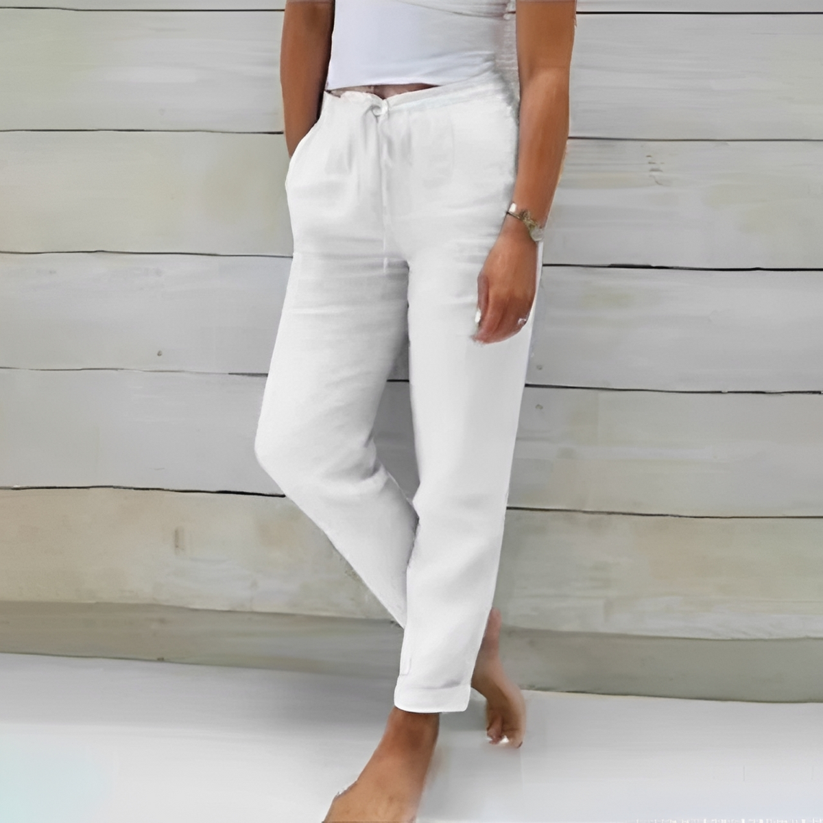 Women's Relaxed Straight-Leg Pants with Elastic Drawstring Waist and Side Pockets, Ankle-Length