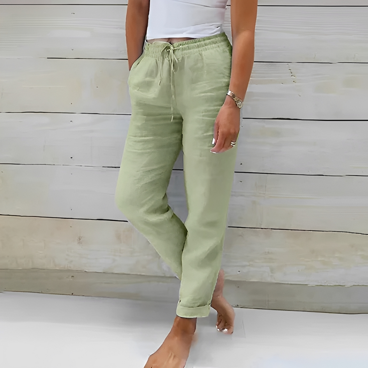 Women's Relaxed Straight-Leg Pants with Elastic Drawstring Waist and Side Pockets, Ankle-Length