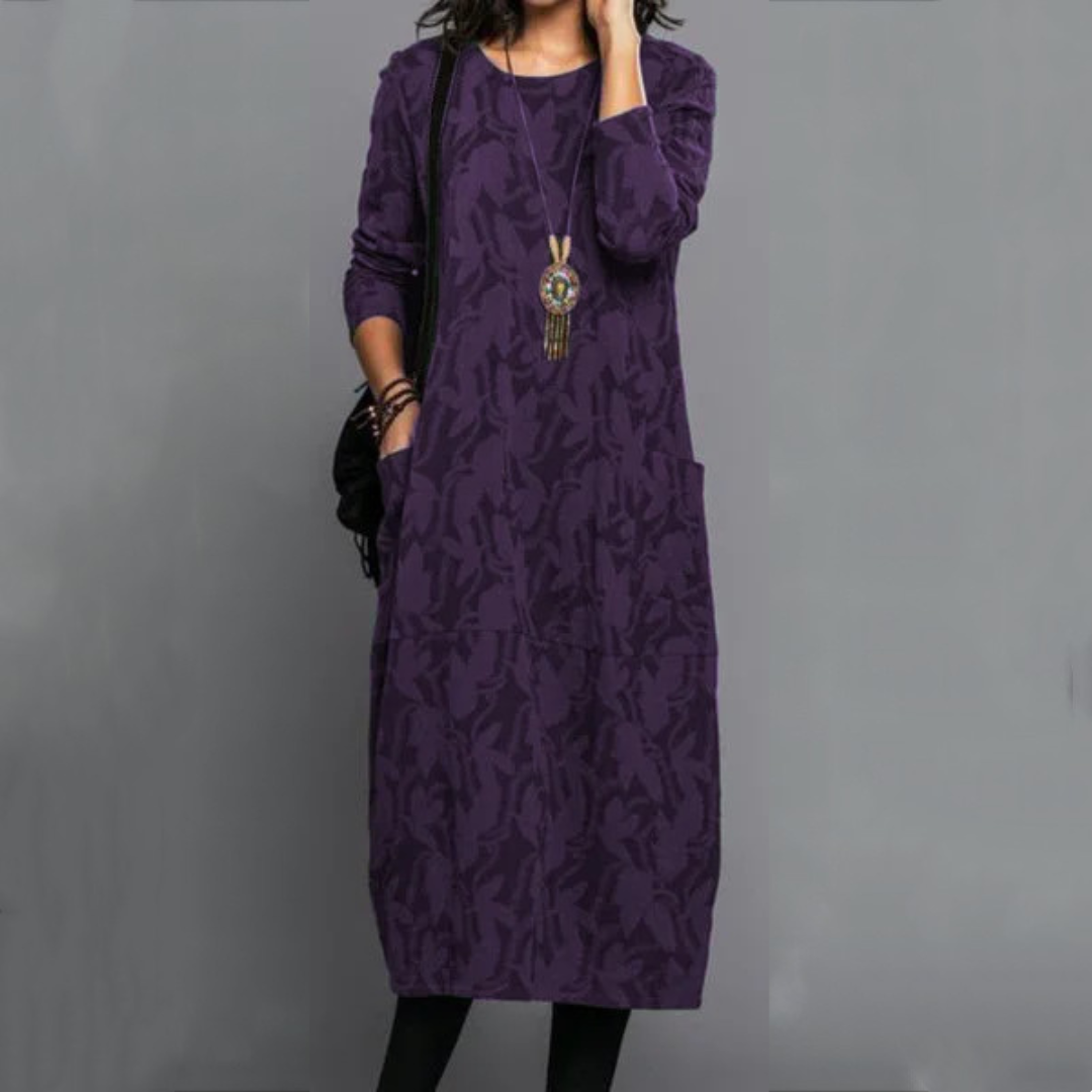 Women's Round-Neck Long-Sleeve Dress with Side Pockets, Relaxed Midi, Subtle Leaf Pattern