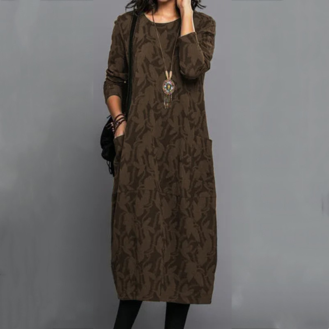 Women's Round-Neck Long-Sleeve Dress with Side Pockets, Relaxed Midi, Subtle Leaf Pattern