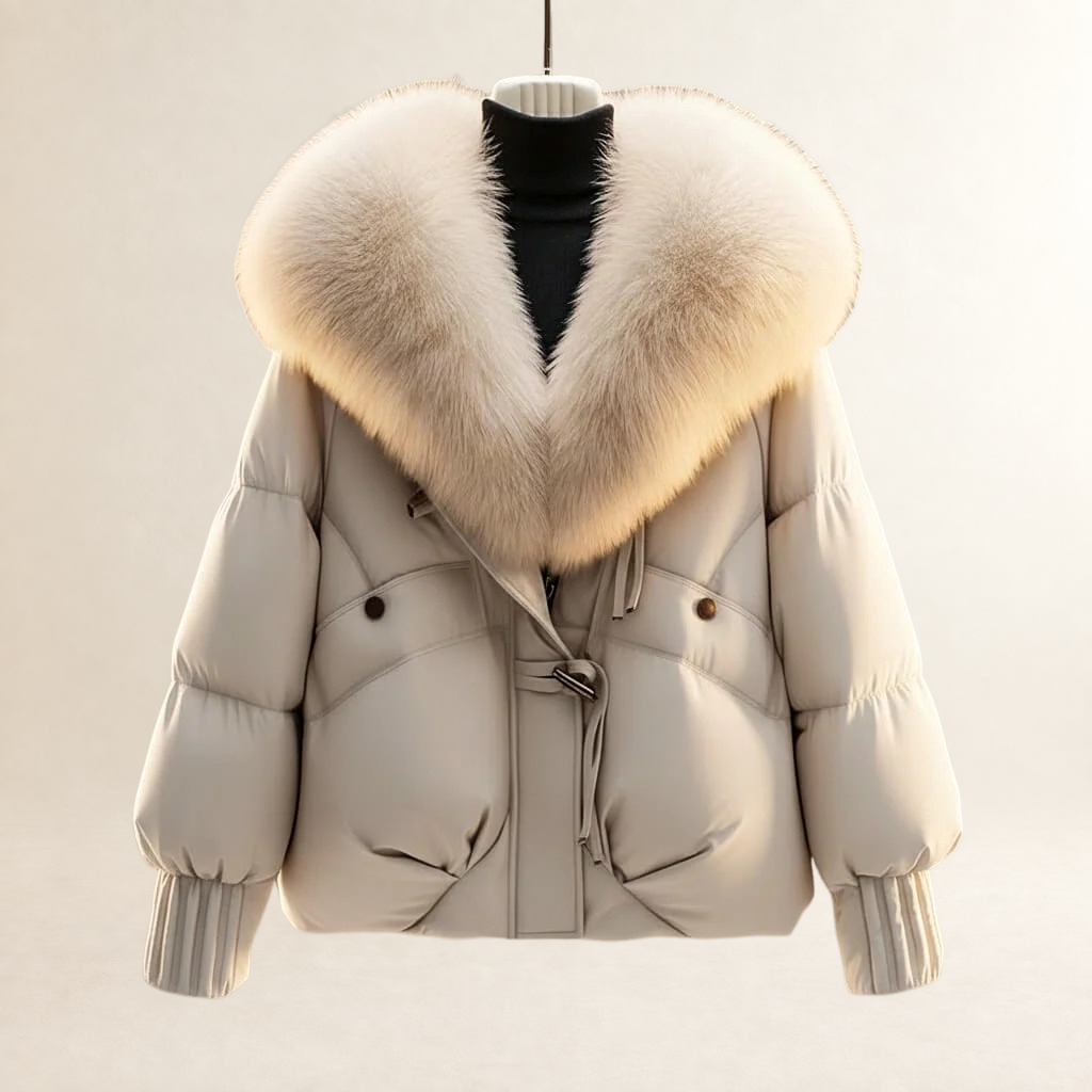 Women's Short Quilted Puffer Coat with Oversized Statement Collar, Adjustable Waist Belt and Ribbed Cuffs