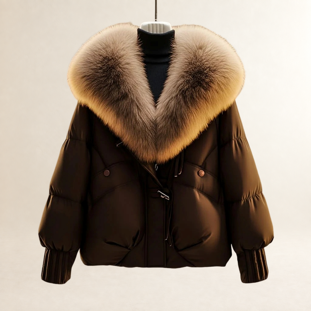 Women's Short Quilted Puffer Coat with Oversized Statement Collar, Adjustable Waist Belt and Ribbed Cuffs