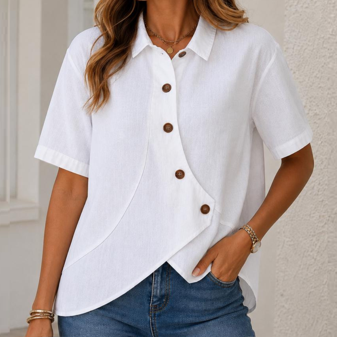 Women's Short-Sleeve Collared Blouse, Asymmetric Button-Front Overlay, Relaxed Fit