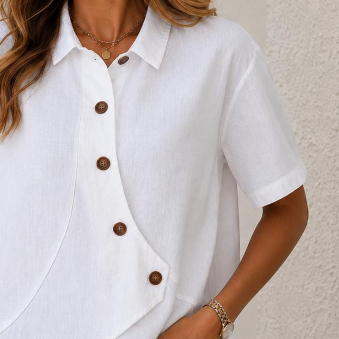 Women's Short-Sleeve Collared Blouse, Asymmetric Button-Front Overlay, Relaxed Fit