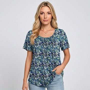 Women's Short-Sleeved T-Shirt with Pleated Detail - Relaxed Fit