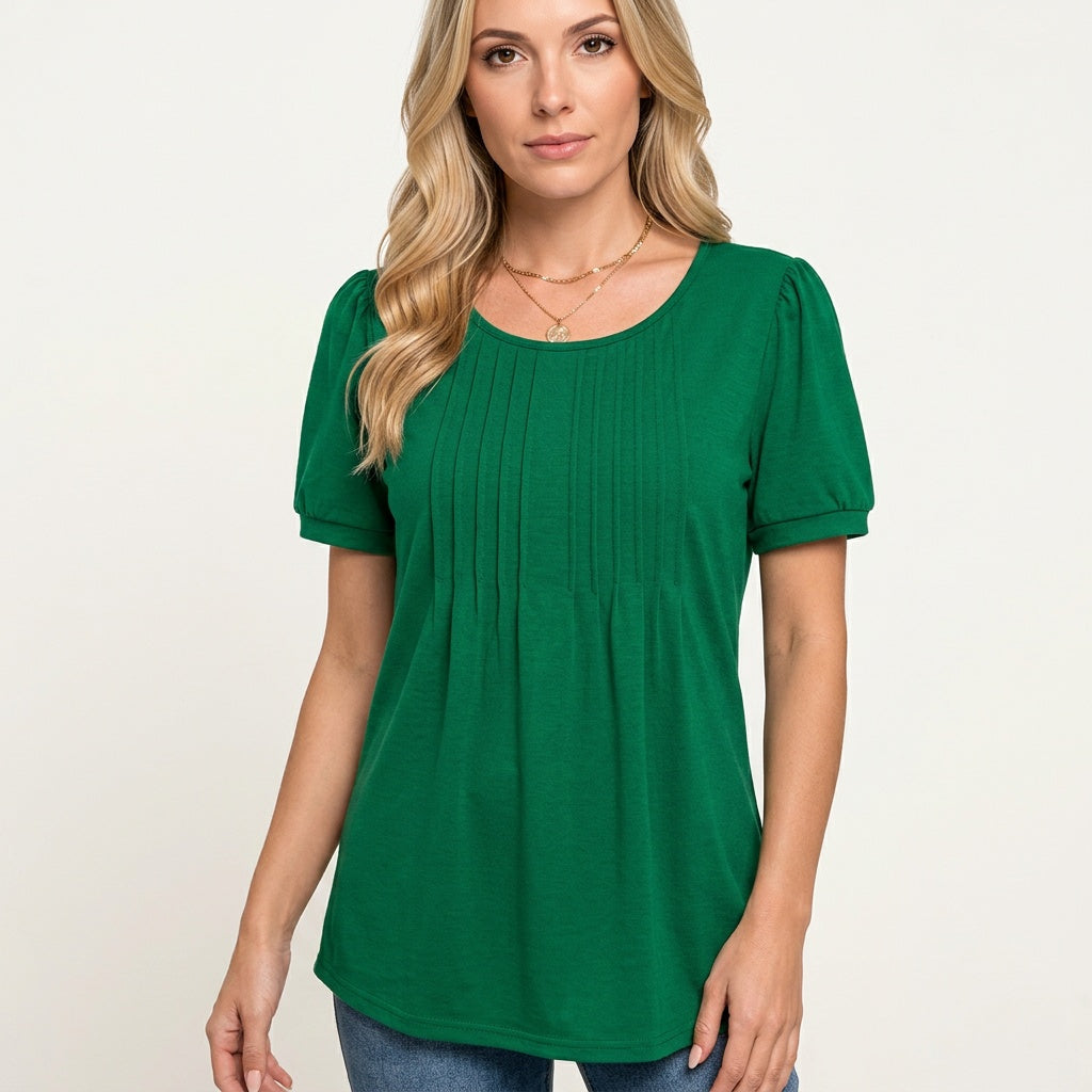 Women's Short-Sleeved T-Shirt with Pleated Detail - Relaxed Fit