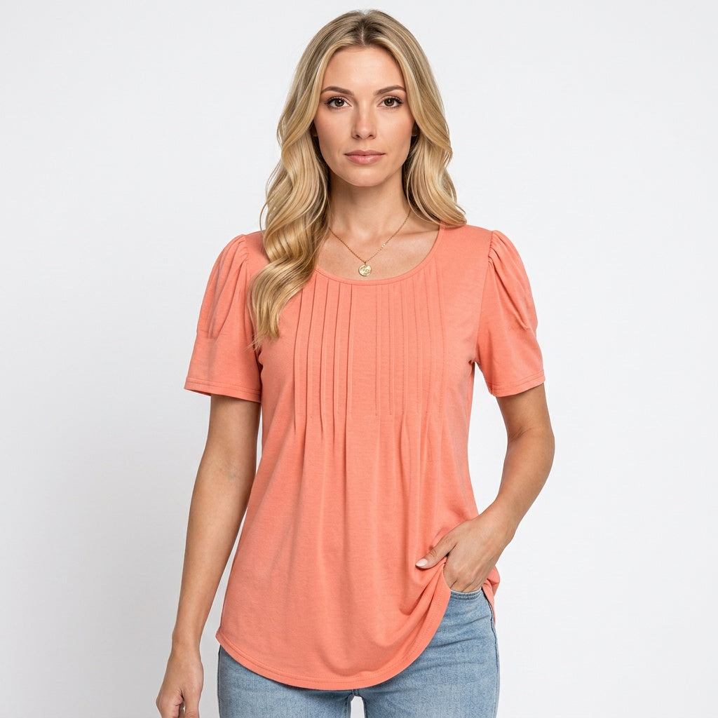 Women's Short-Sleeved T-Shirt with Pleated Detail - Relaxed Fit