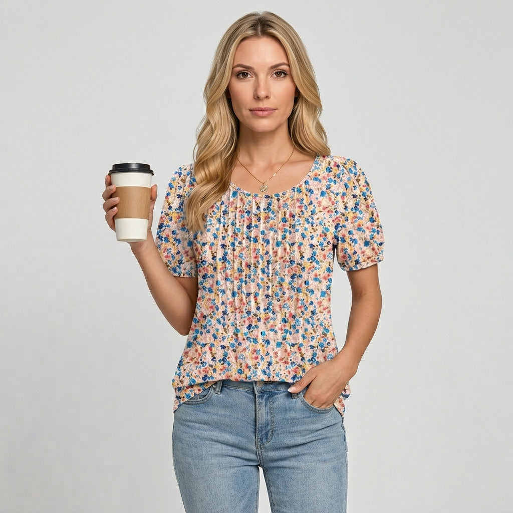 Women's Short-Sleeved T-Shirt with Pleated Detail - Relaxed Fit