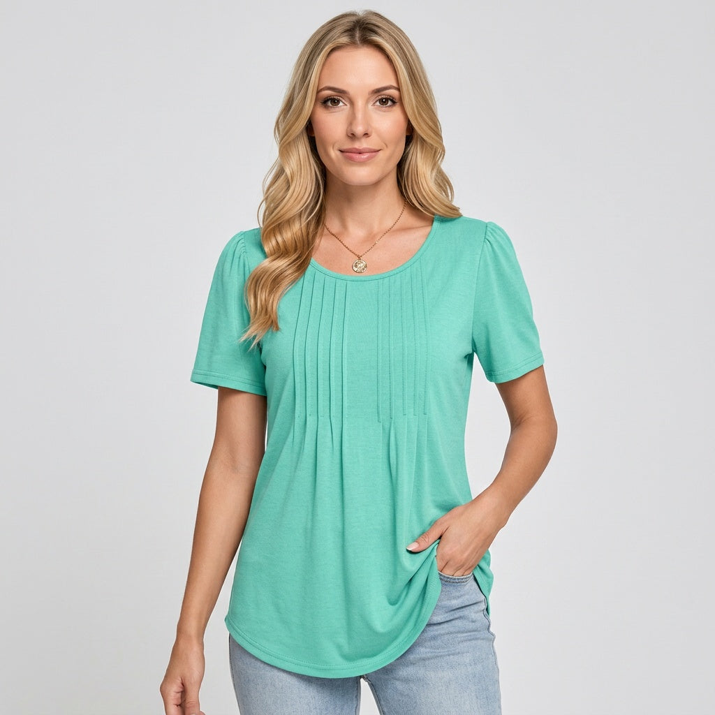 Women's Short-Sleeved T-Shirt with Pleated Detail - Relaxed Fit
