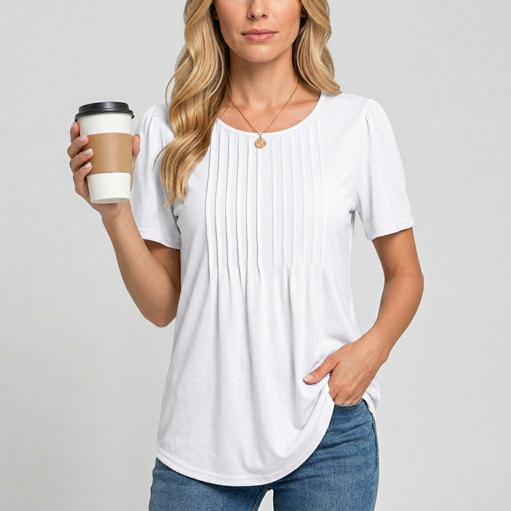 Women's Short-Sleeved T-Shirt with Pleated Detail - Relaxed Fit