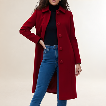 Women's Single Breasted Long Coat - Classic Collar, Button Closure, Fit and Flare