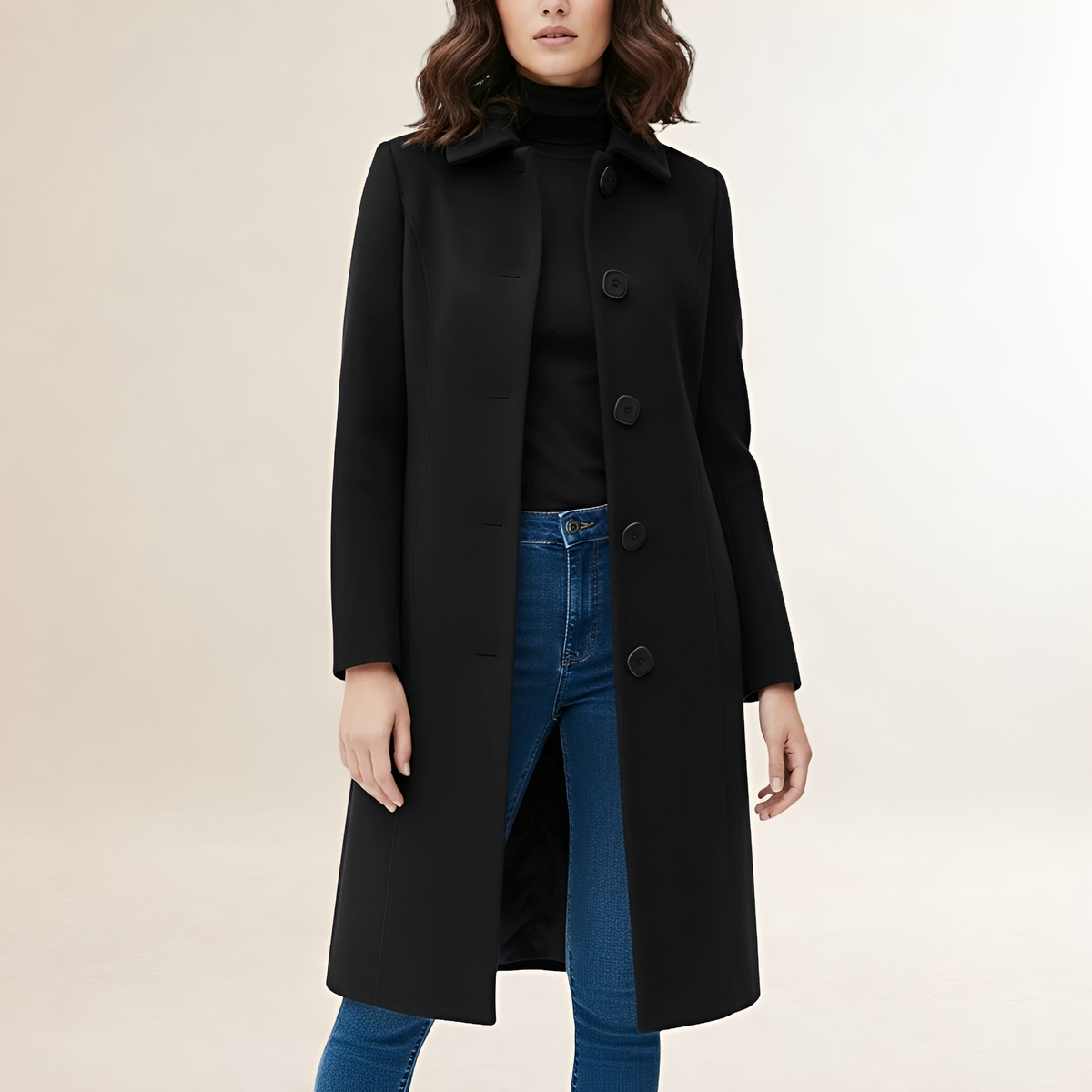 Women's Single Breasted Long Coat - Classic Collar, Button Closure, Fit and Flare