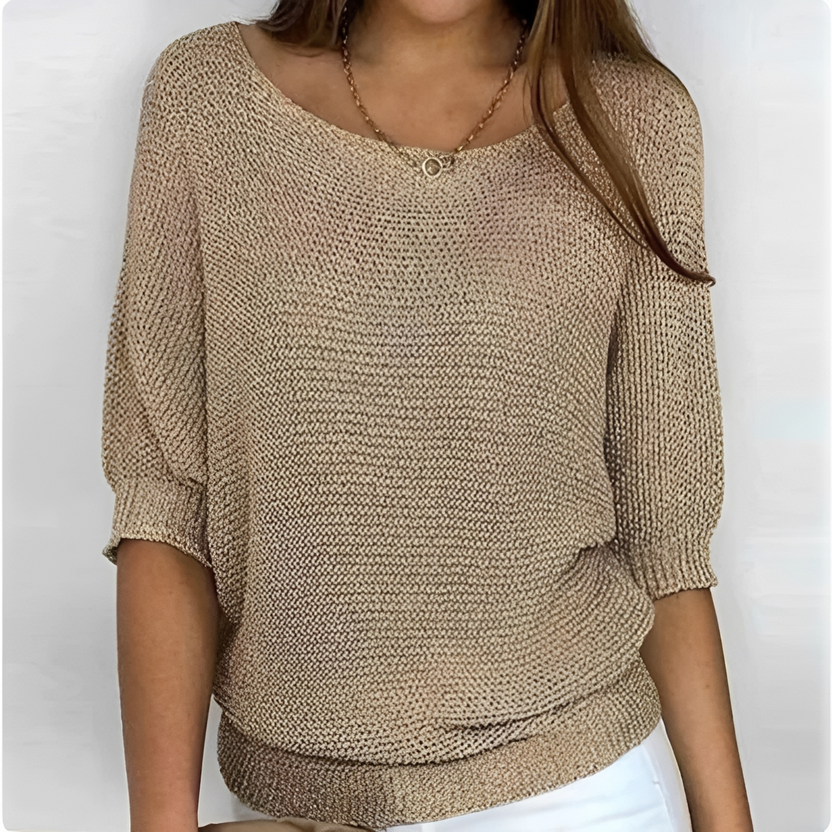 Women's Sweater Round Neck 3/4 Sleeve Relaxed Fit with Banded Hem and Elastic Cuffs