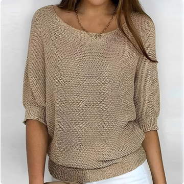 Women's Sweater Round Neck 3/4 Sleeve Relaxed Fit with Banded Hem and Elastic Cuffs