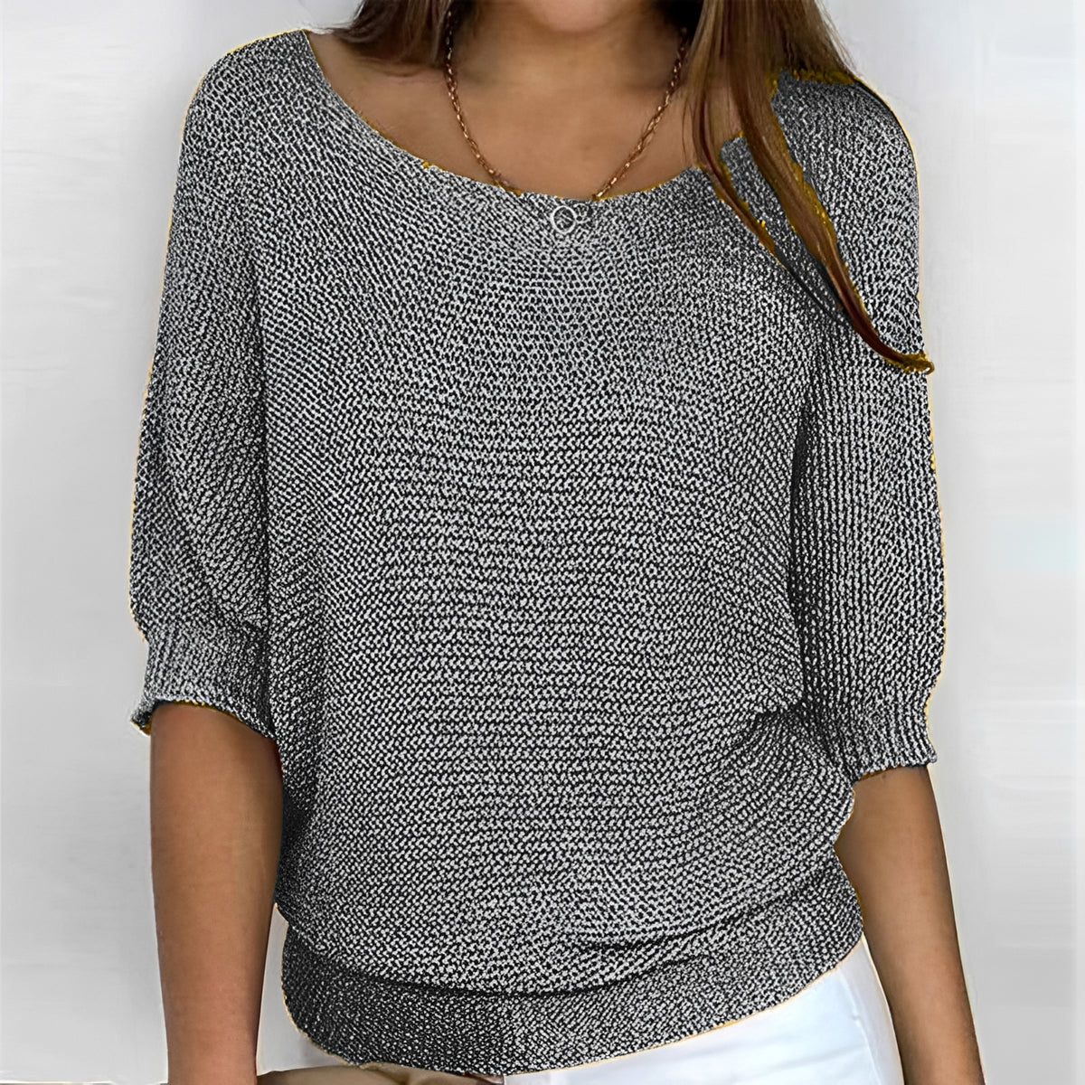 Women's Sweater Round Neck 3/4 Sleeve Relaxed Fit with Banded Hem and Elastic Cuffs