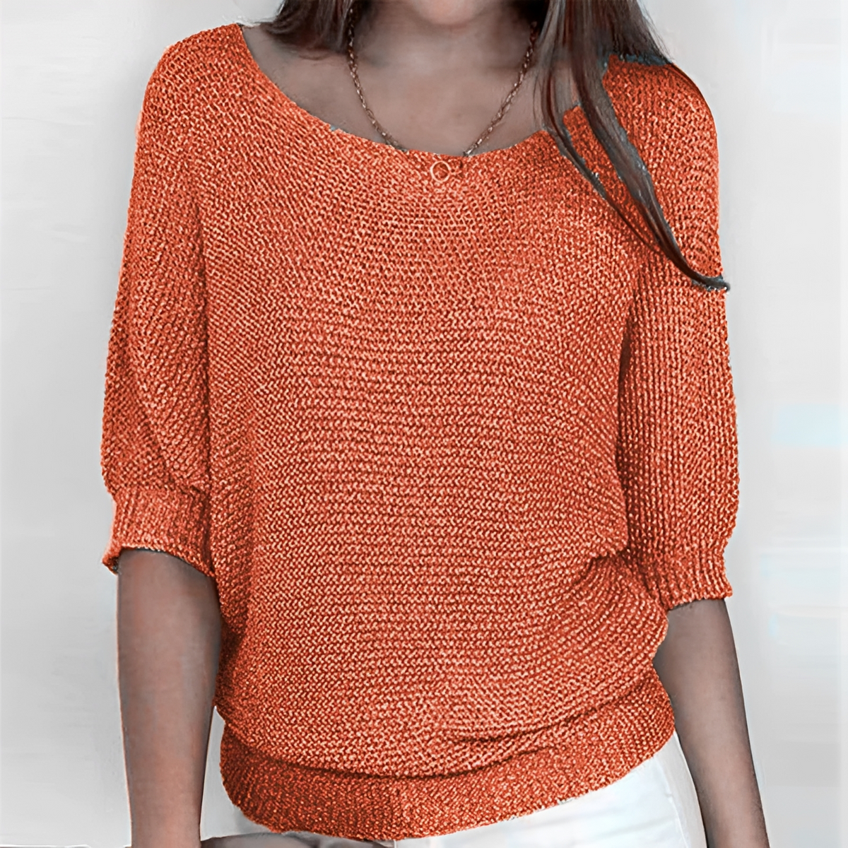 Women's Sweater Round Neck 3/4 Sleeve Relaxed Fit with Banded Hem and Elastic Cuffs