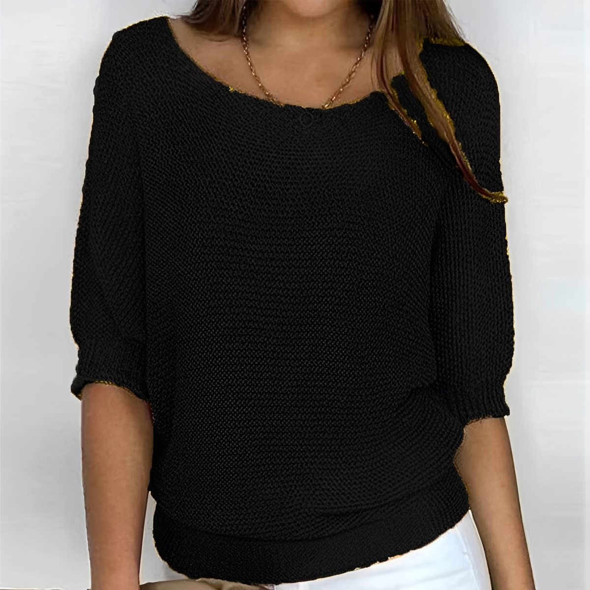 Women's Sweater Round Neck 3/4 Sleeve Relaxed Fit with Banded Hem and Elastic Cuffs